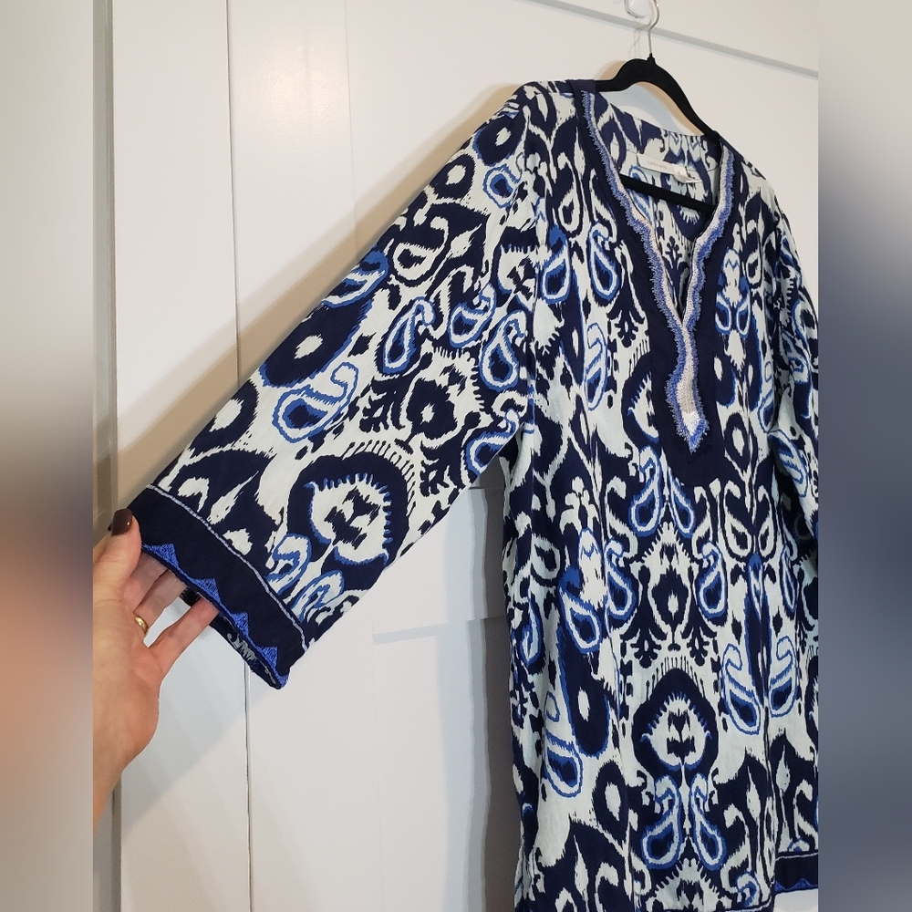 Tantrums Embroidered Cotton Tunic Split V Neck Paisley Print Blue White Size XXL - Picture 6 of 12
